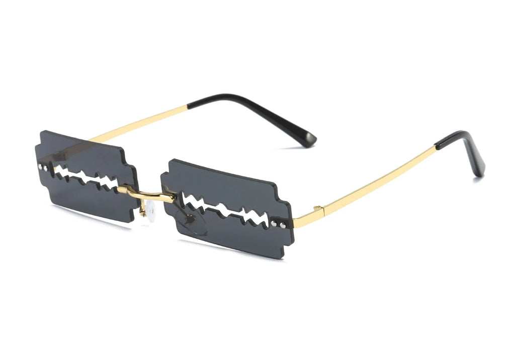 Women's metal rimless frameless sunglasses with gold frame and blue lens on display