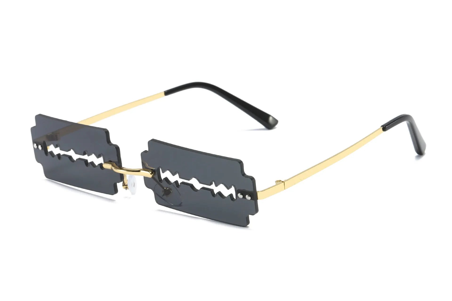 Women's metal rimless frameless sunglasses with gold frame and blue lens on display