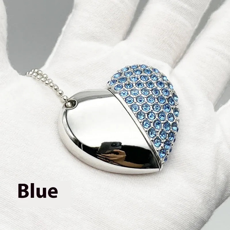 Brick-inlaid heart-shaped metal USB flash drive showing colour options and compact dimensions