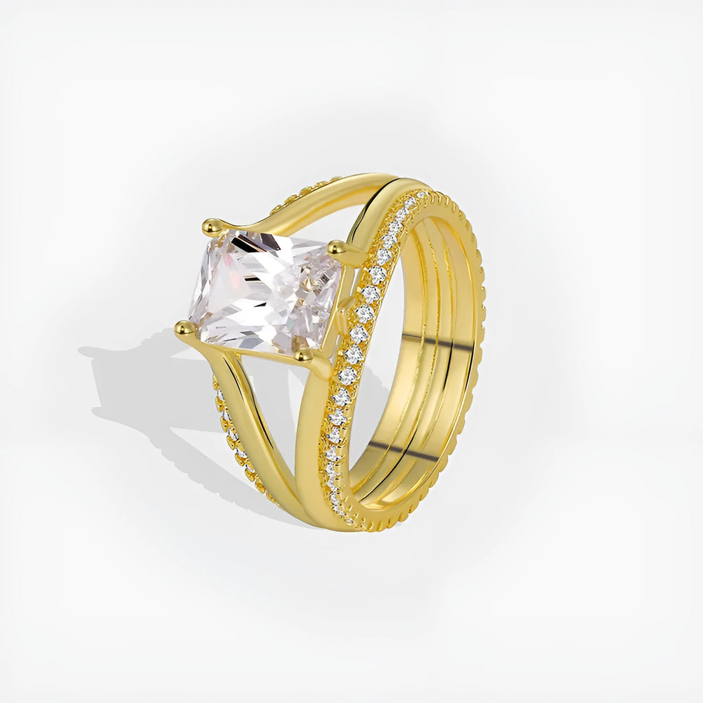 Gold square zircon geometric ring with electroplated copper band showing European American simple design