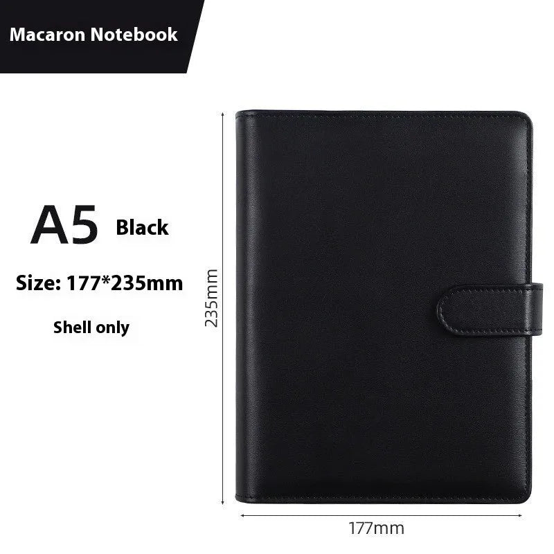 A5 PU leather loose-leaf binder shell with zipper closure shown in various colours.
