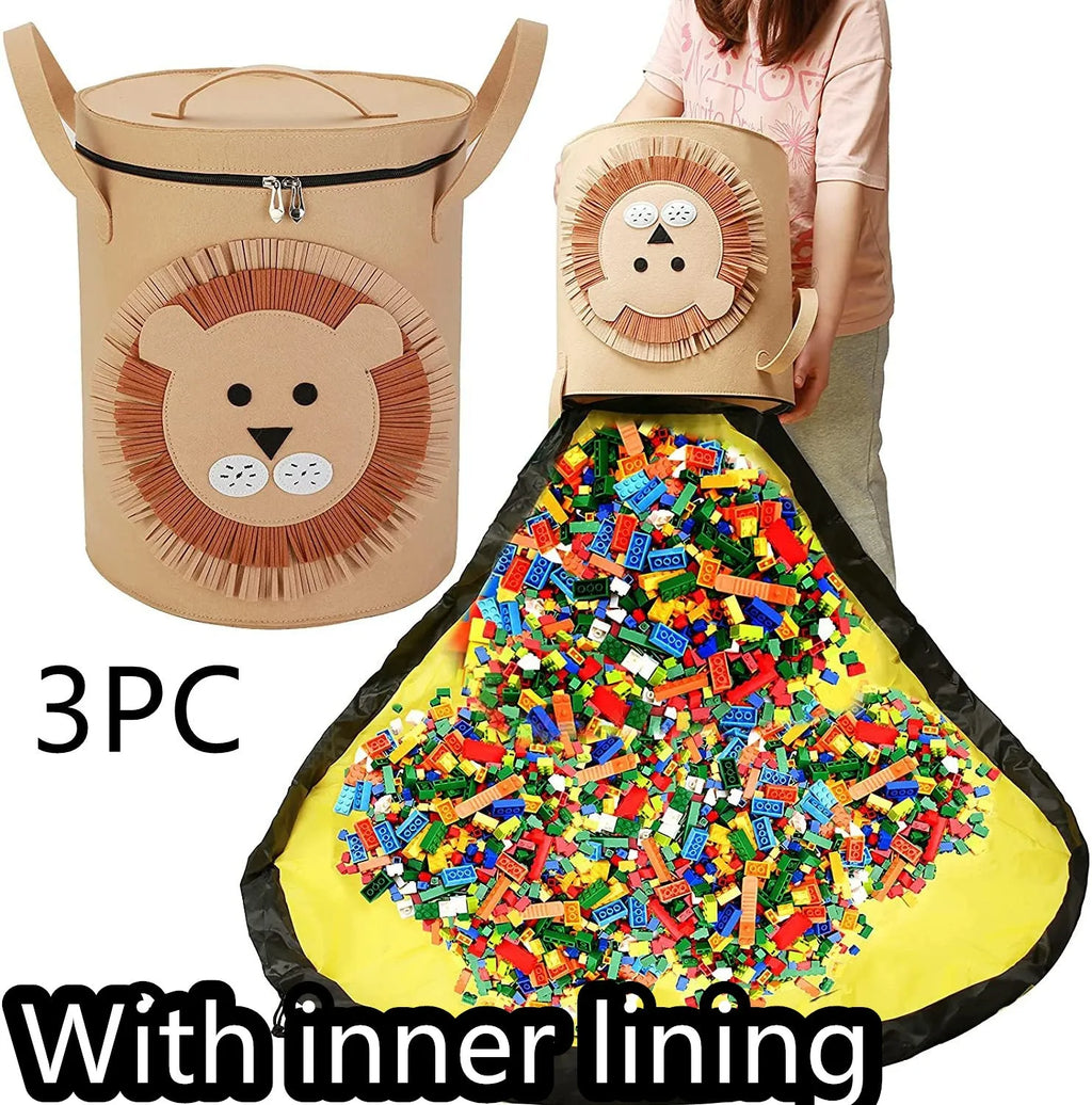 Green felt cube storage bag with pull rope shown as both a toy play mat and closed storage container