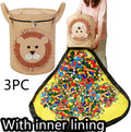 Green felt cube storage bag with pull rope shown as both a toy play mat and closed storage container
