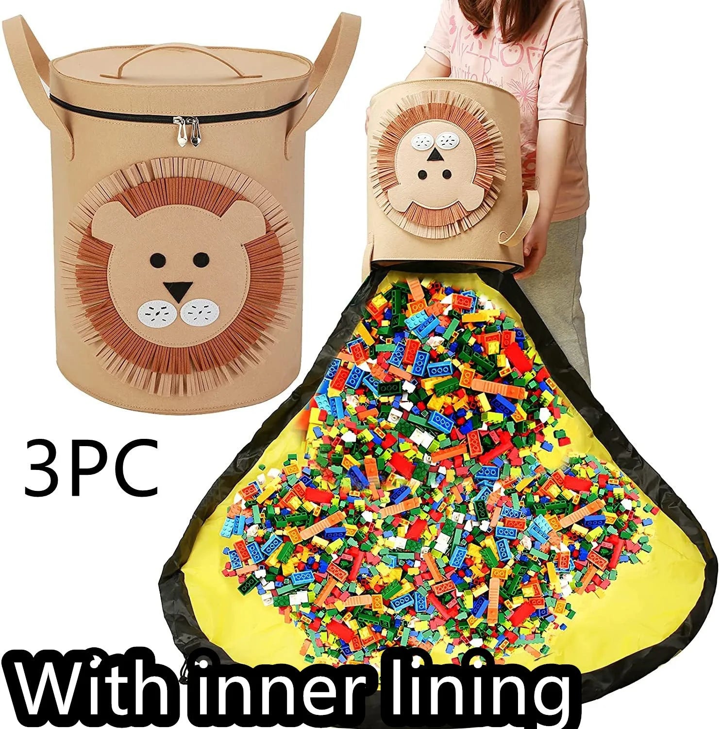 Green felt cube storage bag with pull rope shown as both a toy play mat and closed storage container