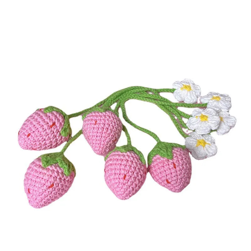Wool crochet woven strawberry pendant necklace on 35cm cord