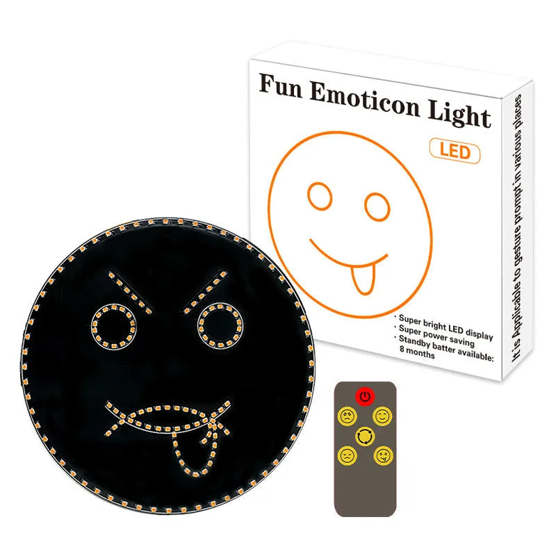 Black car rear window LED expression light showing orange smiley face display with remote control
