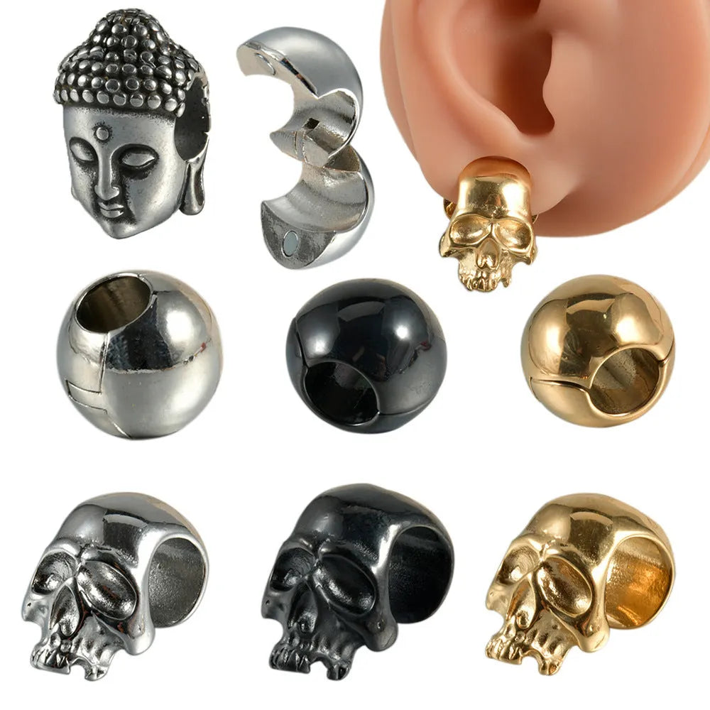 Stainless steel hollow skull Buddha geometric earrings in electroplated colours for hip hop style