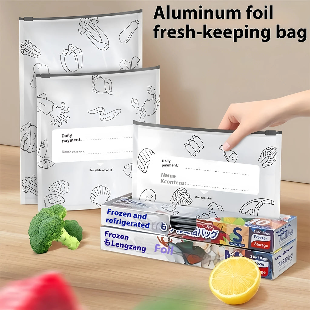 Pack of 10 aluminum foil fresh-keeping bags in three sizes for food storage.