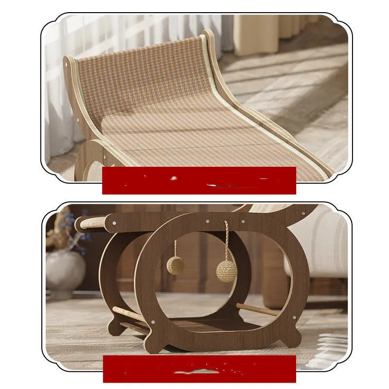 Solid wood cat scratching mat with sisal surface in walnut colour.