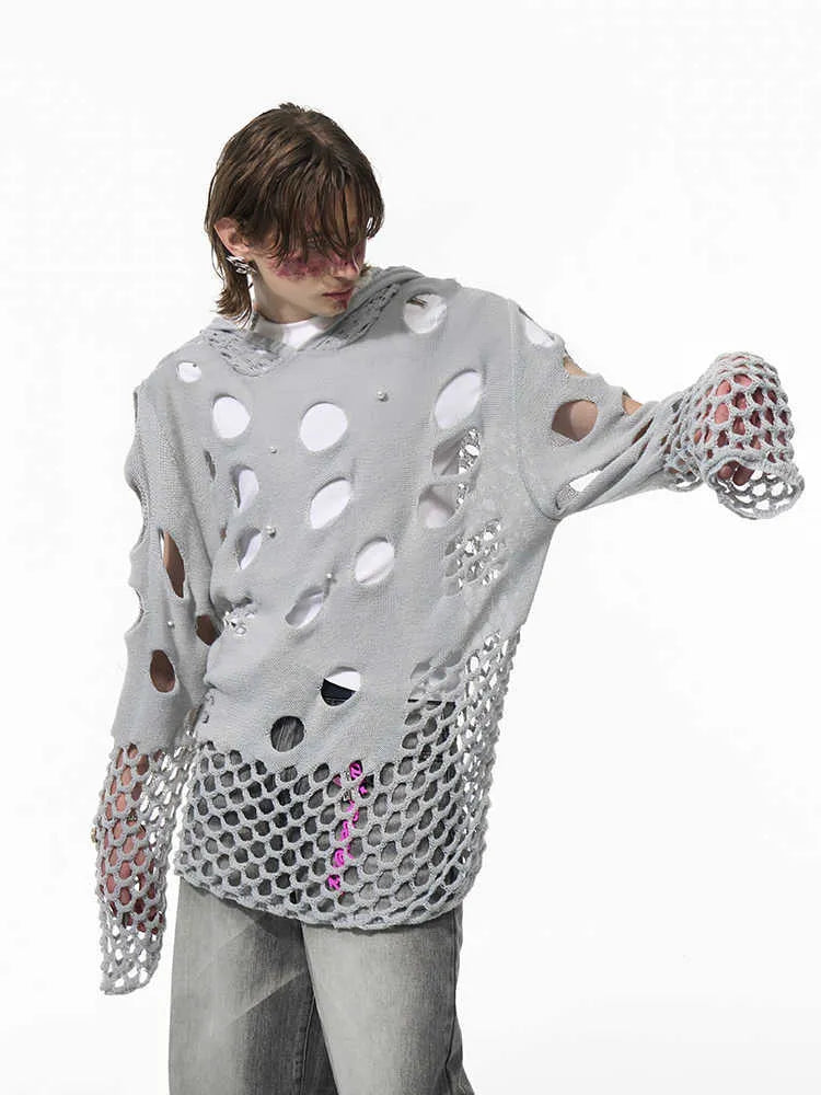 Black men's hooded sweater with pearl decoration on hood showing loose fit and pullover design