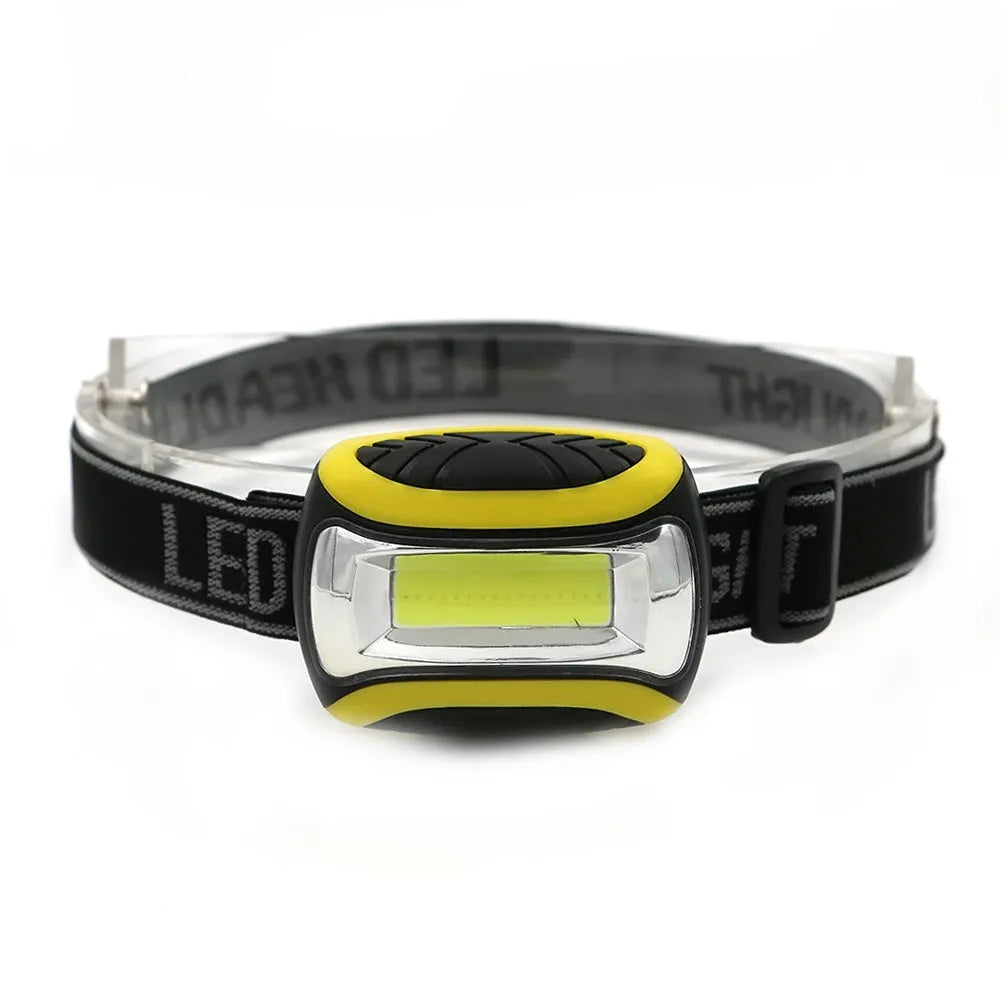 Yellow plastic three-speed COB LED headlamp for outdoor and work use.