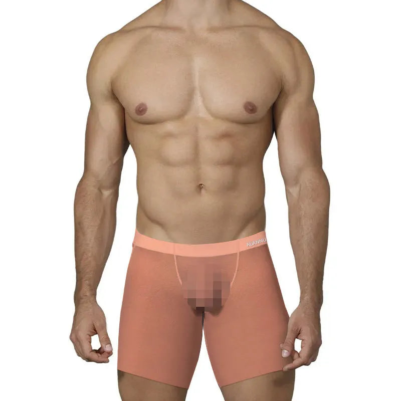 Men's ice silk nylon boxer shorts in orange, pink and red colours with low-waist design