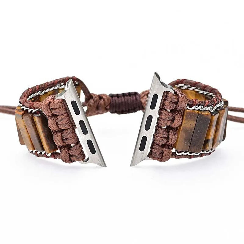Rectangular tiger eye stone chain on an adjustable textile watch strap bracelet