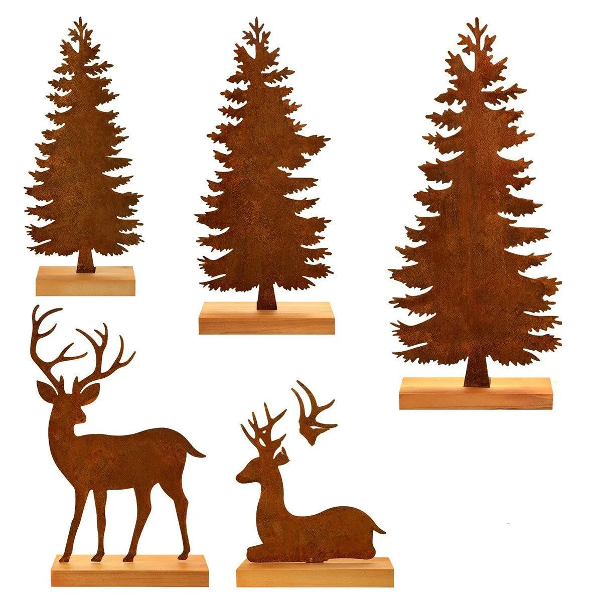 Three rusty iron Christmas decorations with elk and tree designs for rustic seasonal display
