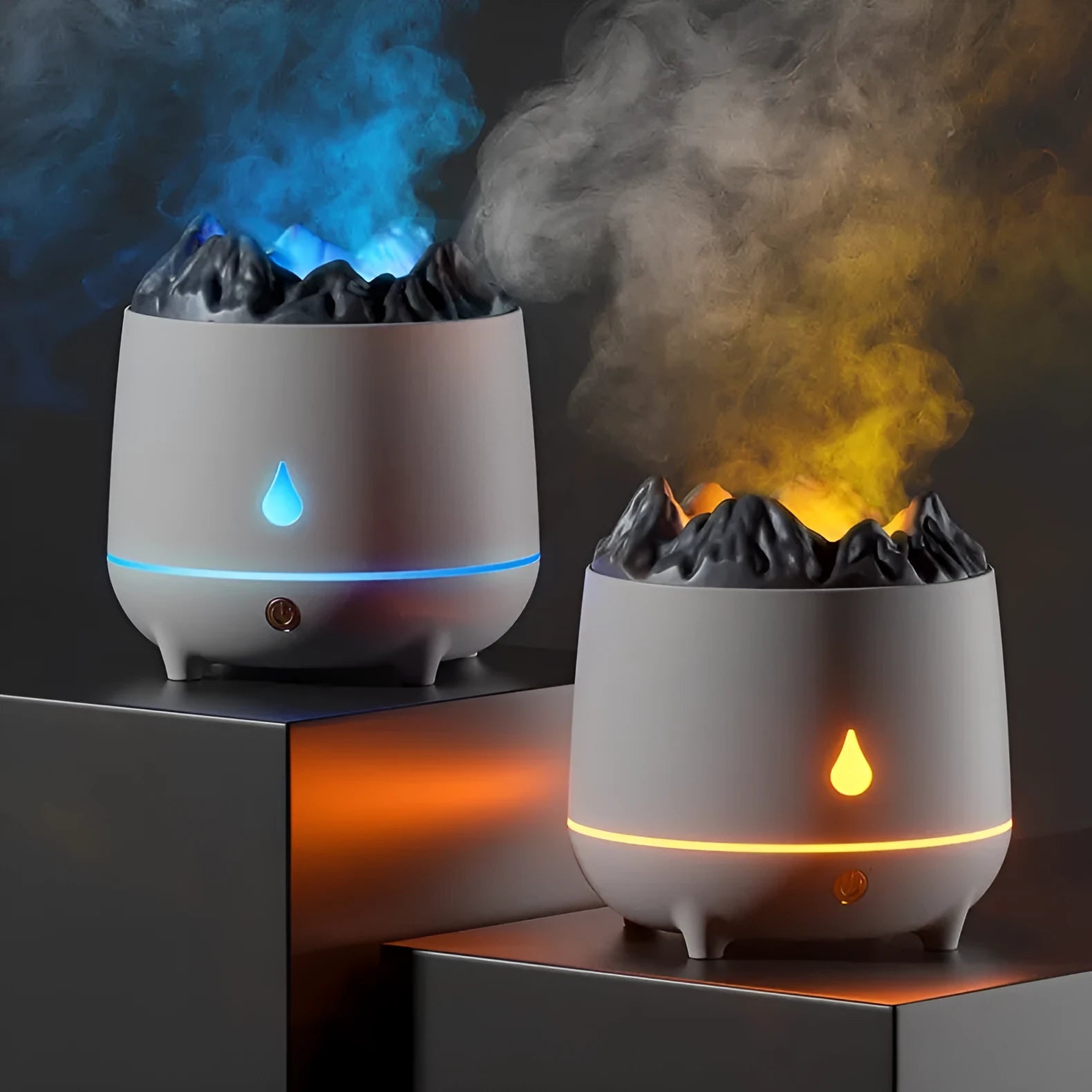 Volcano-shaped white humidifier with USB cable and mist rising from top