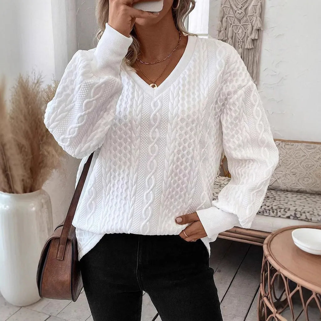 Milky white loose fit long sleeve T-shirt with 3D pattern detail in Japanese Korean casual style