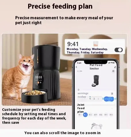 Black and white intelligent pet feeder with automatic timing and quantitative remote feeding control
