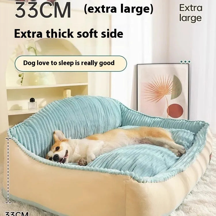 Morandi coloured removable sofa dog mat and cat bed shown in large and medium sizes.
