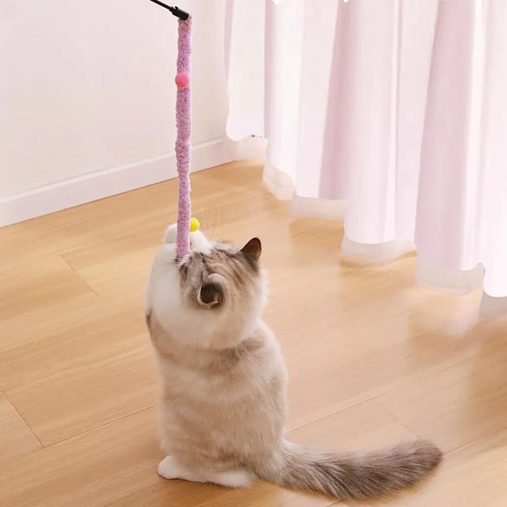 Blue interactive cat wand toy with a long plush strip, fluffy ball, and bell on a 41cm pole.
