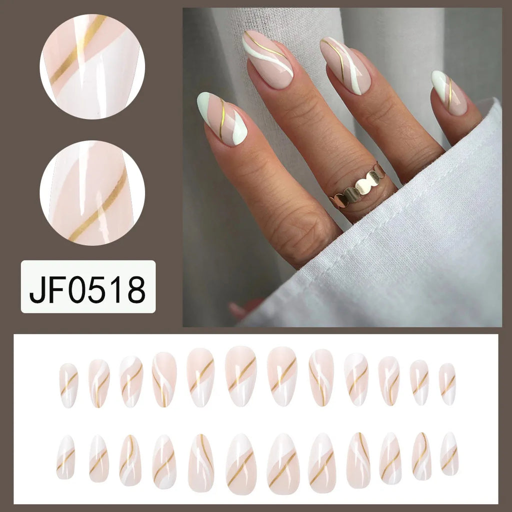Golden Lines Wearable Nail Stickers set showing plaid pattern in JF0518 colour on medium drop shaped plastic nails.