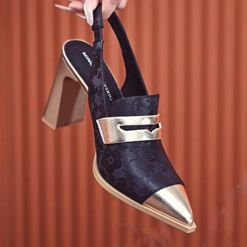 Black Korean style women's sandals with a chunky block heel, pointed toe, and an elastic strap across the instep