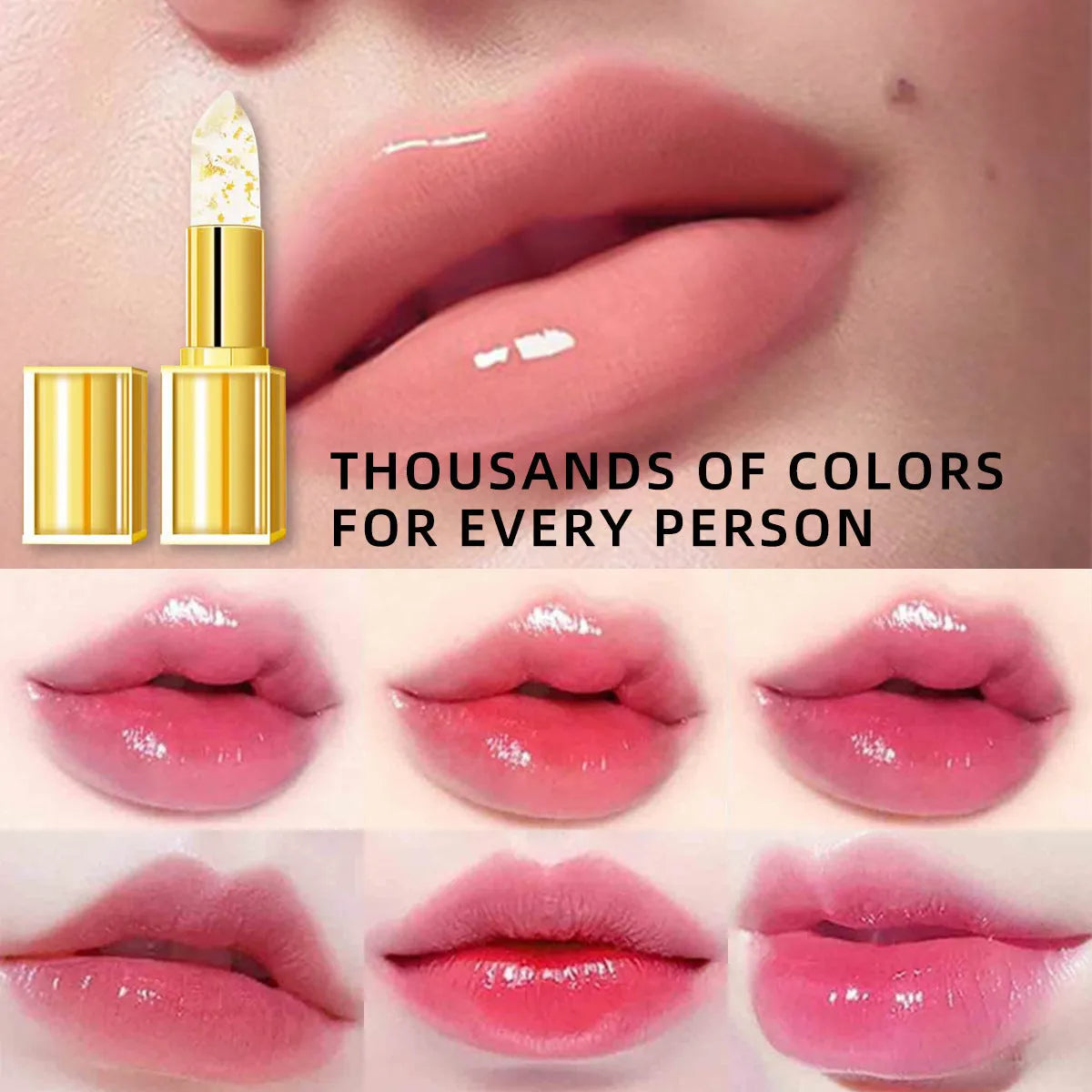 Three pieces of anti-smudge warm colour-changing lipstick in gold tubes, product code YB1001.