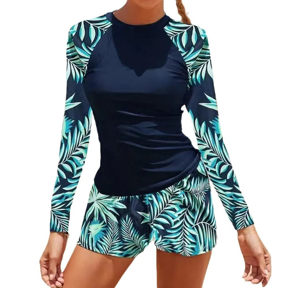 Women's long sleeve digital print conservative separate bikini swimwear in dark blue flowers on polyester fabric
