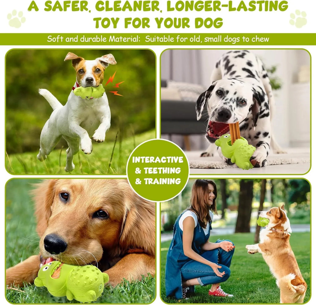 Green and yellow natural rubber squeaky dog toy for large breed aggressive chewers