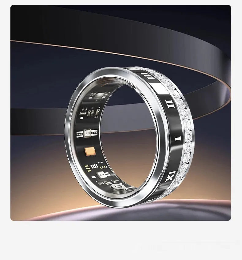 Gold and silver diamond inlaid smart ring for health monitoring on a finger.
