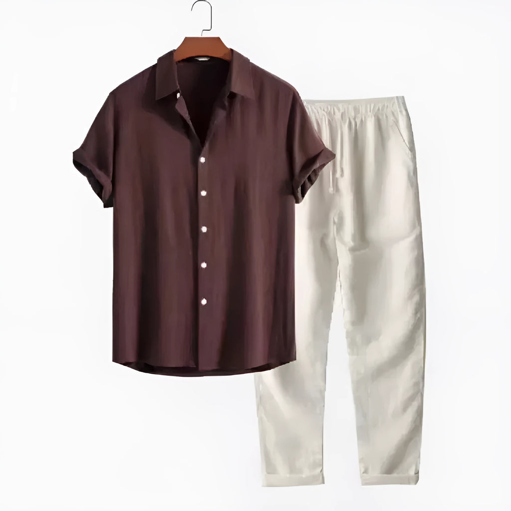Men's casual linen-blend suit with short sleeve shirt and loose trousers in multiple colour options