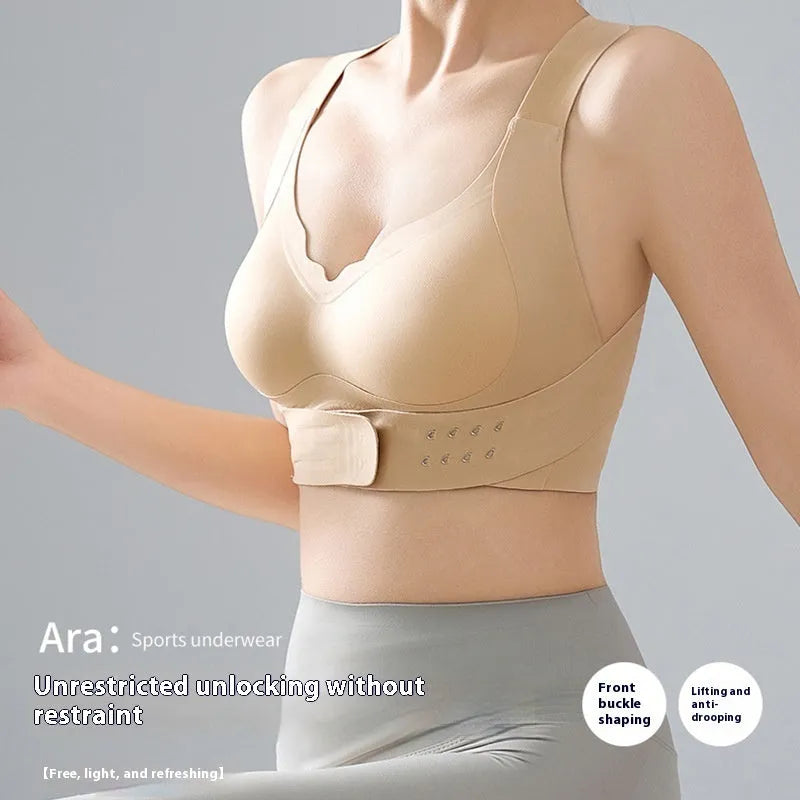 Front-fastening women's sports bra in black with fixed double straps and a molded 3/4 cup.