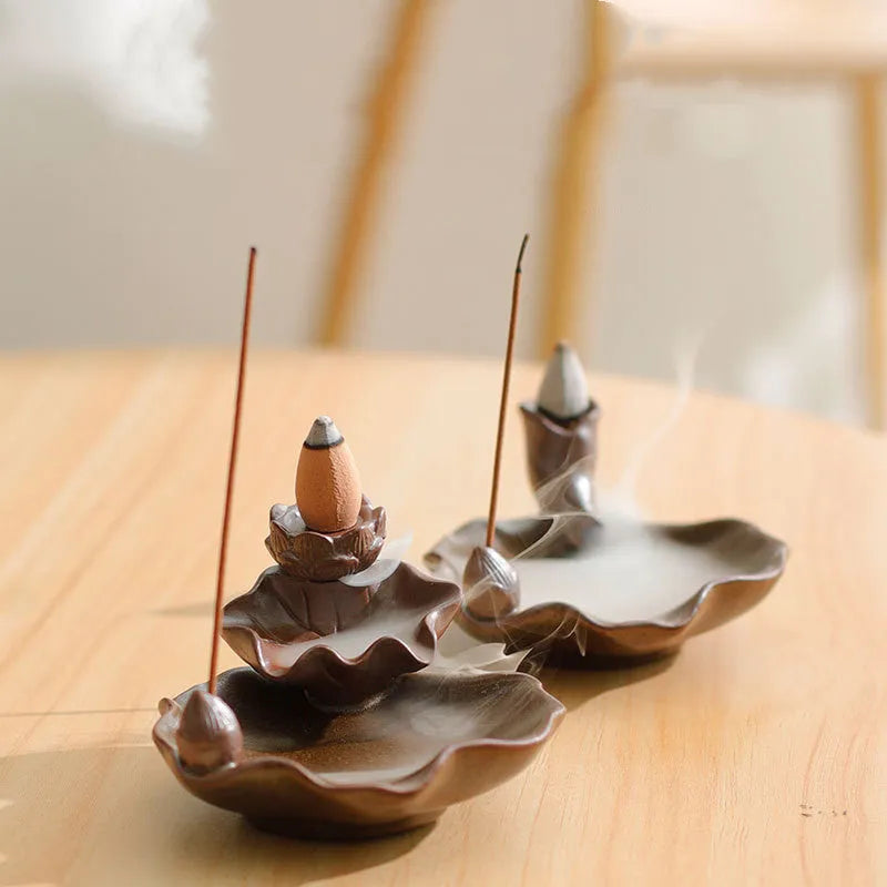 Ceramic reverse flow incense burner with purple clay construction and crystal glaze finish