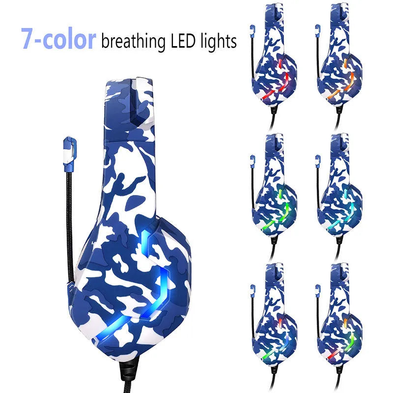 Wired gaming headset with cloth earmuffs and braided cable in camouflage blue colour with 3.5mm adapter