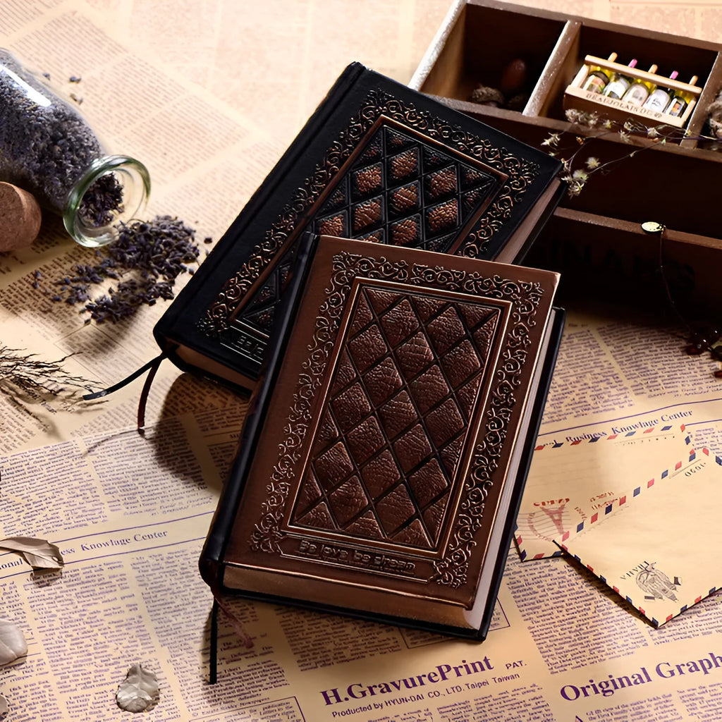 Embossed faux leather notepad with 3D textured cover in bronze or black gold colour