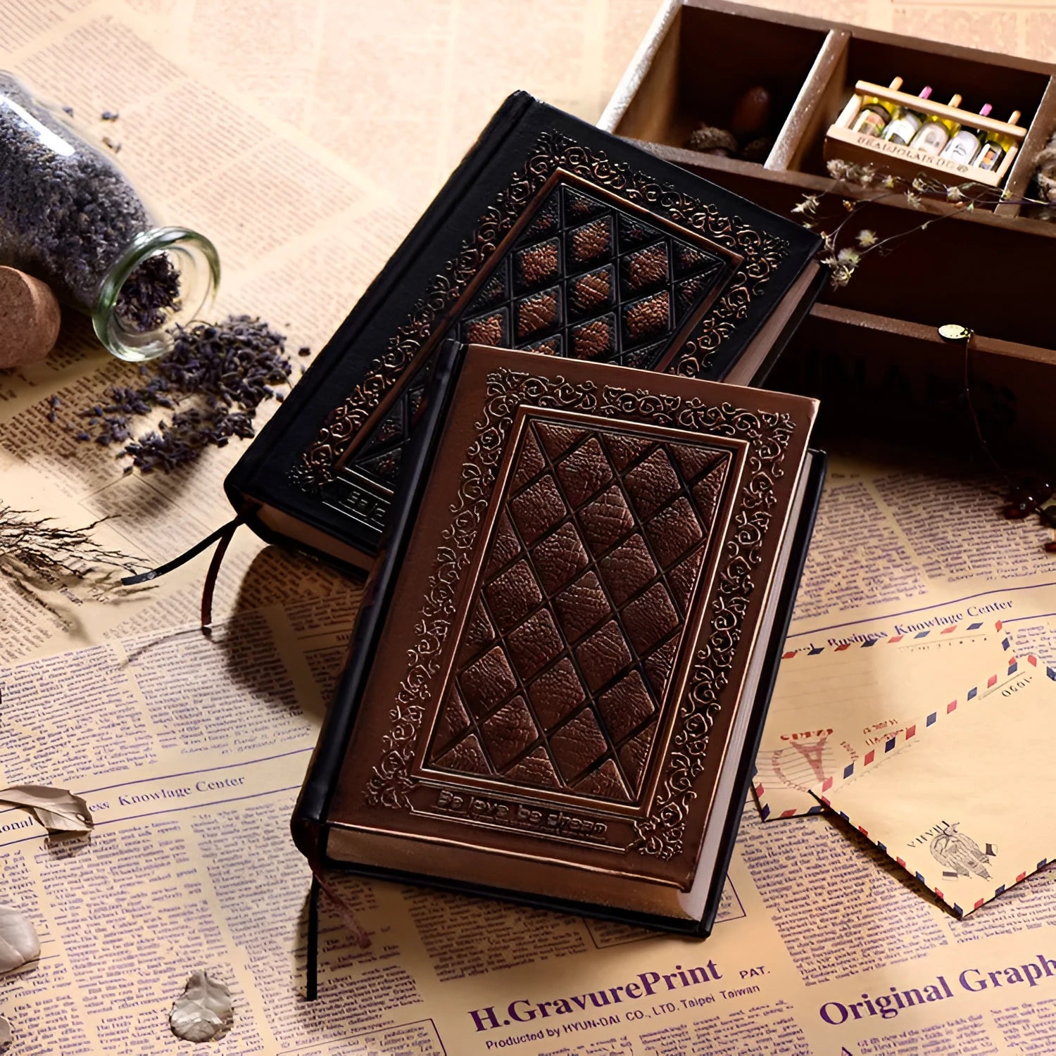 Embossed faux leather notepad with 3D textured cover in bronze or black gold colour