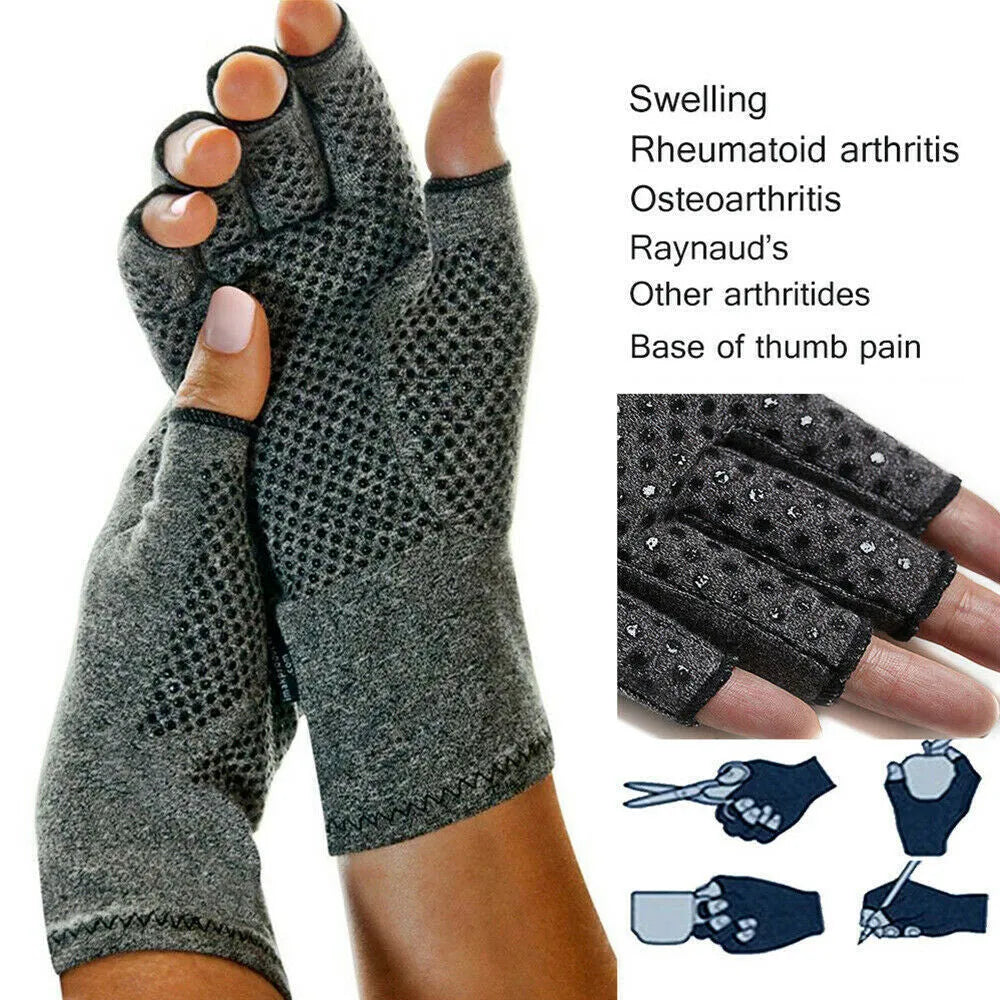 Grey half-finger joint compression gloves with anti-slip grip on a hand.