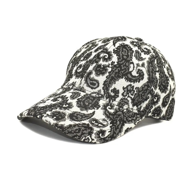Blue polyester baseball cap with paisley pattern print and dome crown style