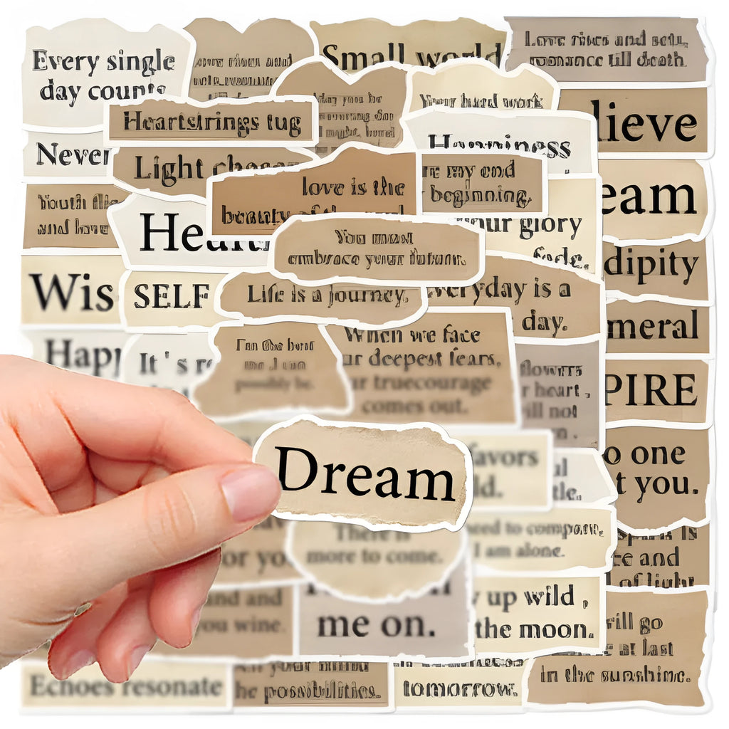 Pack of 25 tear English text design PVC stickers for laptops, sizes 4 to 7 cm