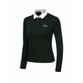 Women's slim-fit long sleeve golf top in black, made from breathable polyester fabric.