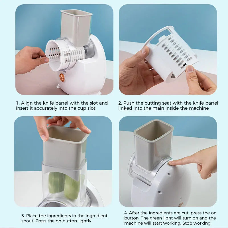 White and green electric vegetable slicer with suction base, feeding port, and multiple blades.