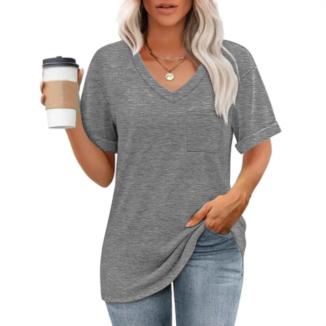 Grey loose fit men's V-neck t-shirt with a chest pocket on a solid colour background.