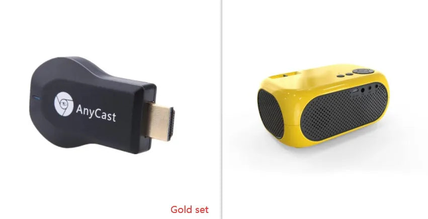 M24 micro mini portable LED projector in gold or white colour on a grey background