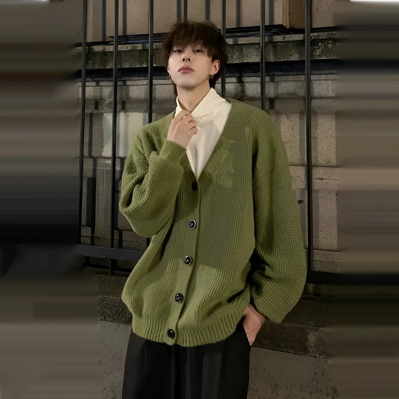 Men's loose fit V-neck cardigan sweater in Army Green solid colour, casual long sleeve design.
