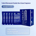 Box and bag of toilet bubble cleaning powder in blue and pink fragrance options.