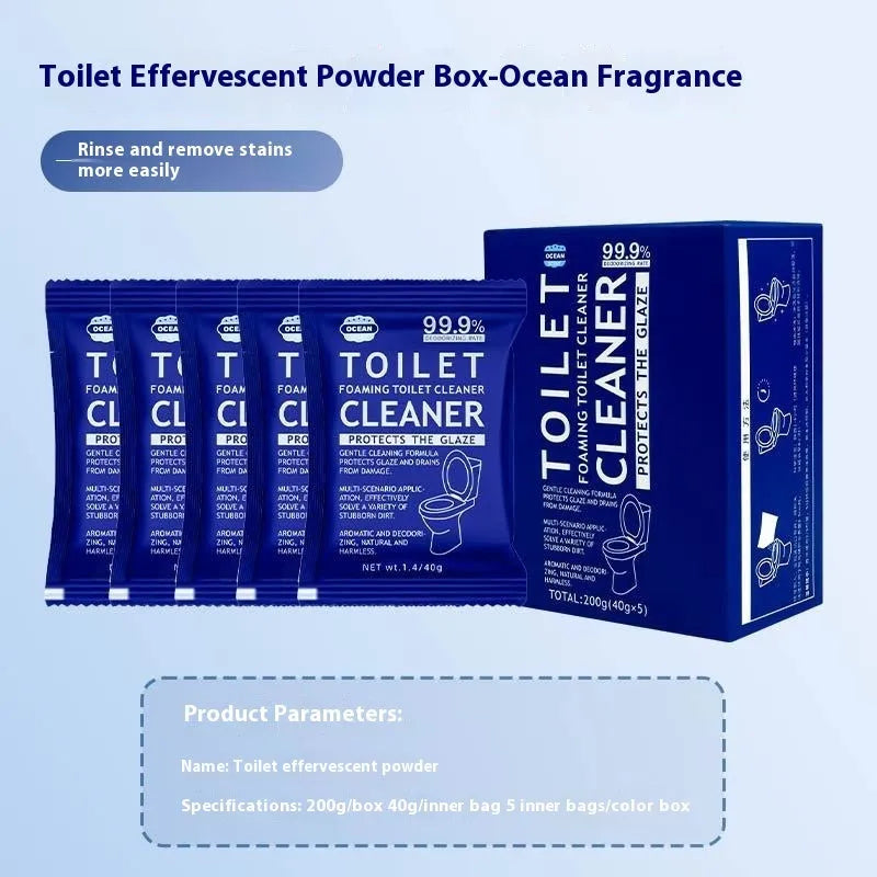 Box and bag of toilet bubble cleaning powder in blue and pink fragrance options.