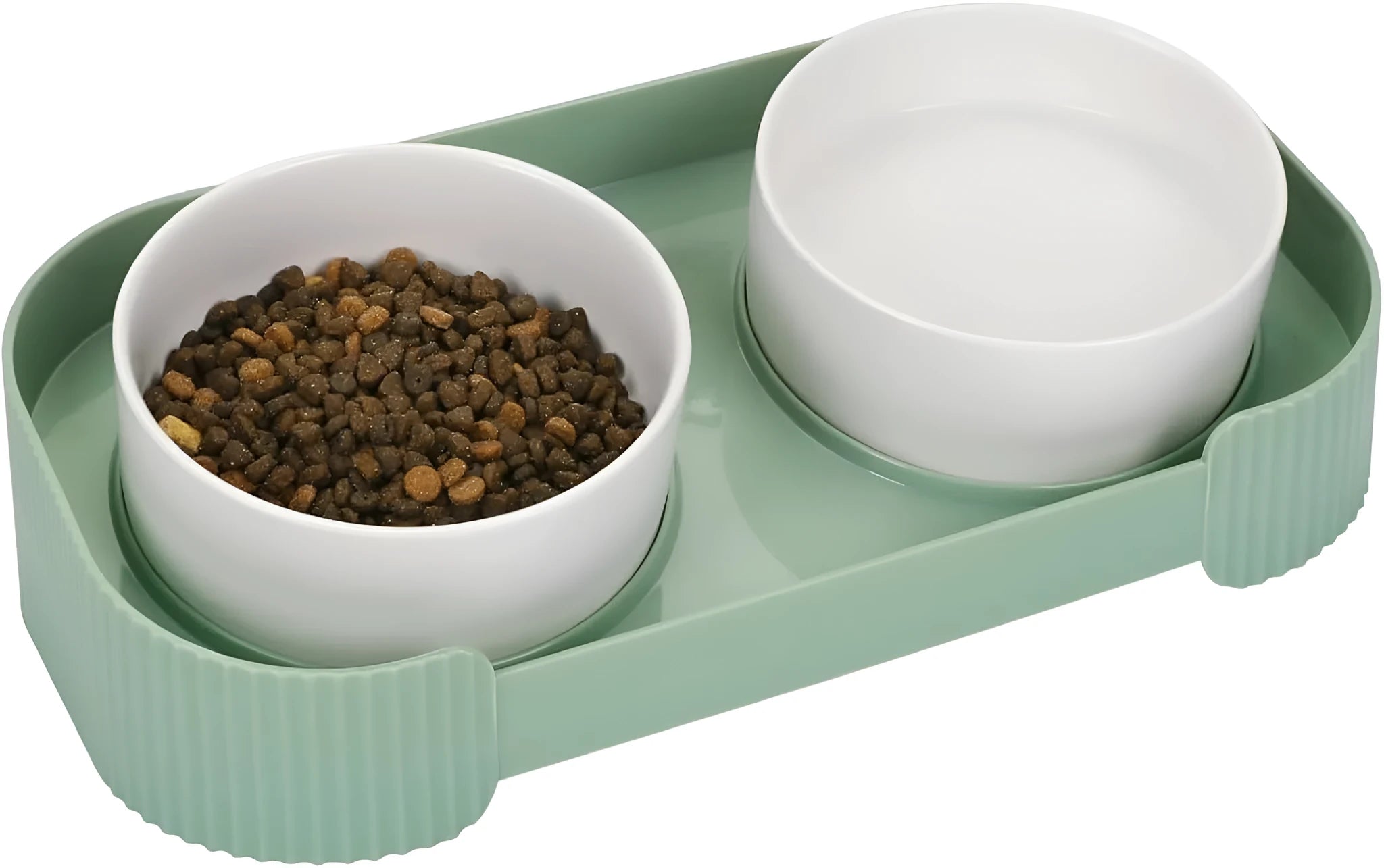 Green ceramic elevated cat bowls with 15 degree tilt on non-slip base