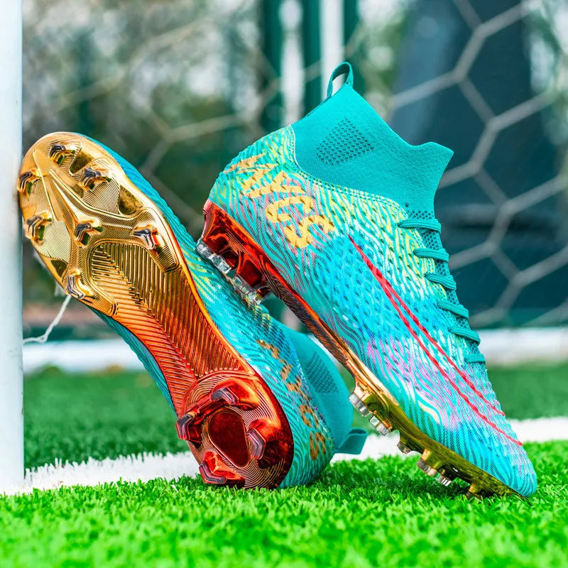 Men's outdoor training gold-plated high-top soccer shoes in green with synthetic leather upper and rubber sole