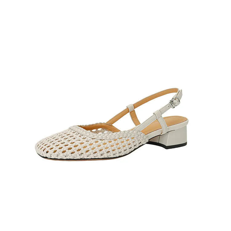 Women's beige woven hollow-out sandals with a square toe, chunky block heel, and adjustable ankle strap buckle.