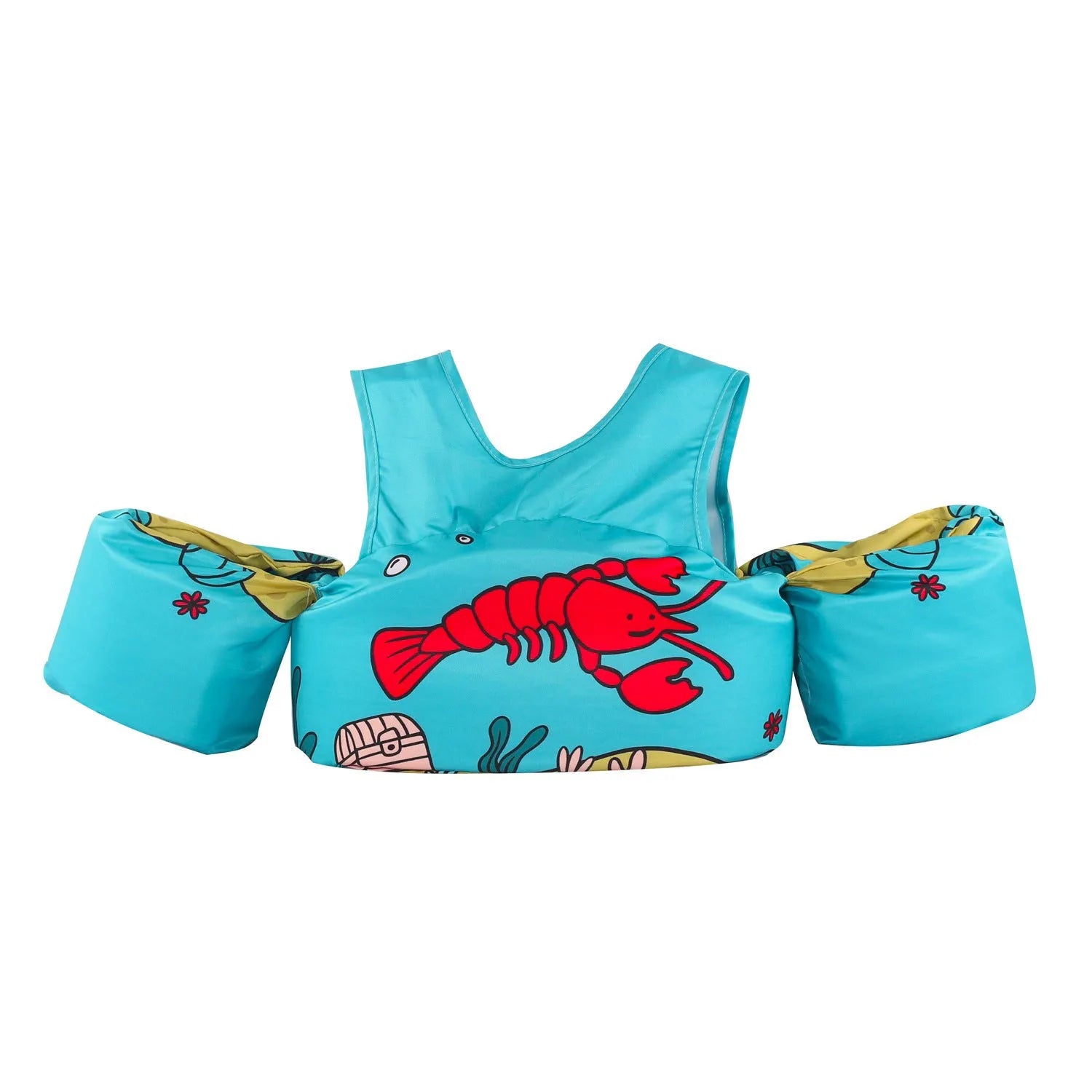 Colourful cartoon children's swimsuit with integrated arm swimming rings in a lobster design.