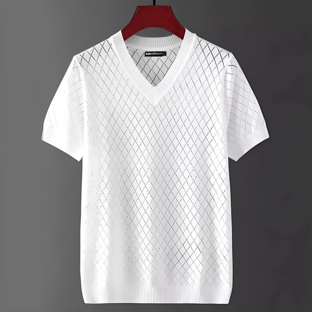 Men's white Ice Silk T-shirt with cut-out detail on V-neck, short sleeves, Korean style.
